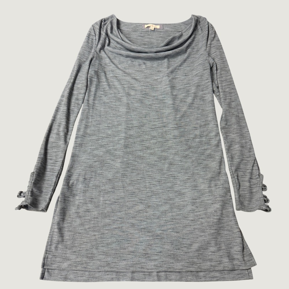 Pure + Good Anthropologie Tunic Top Gray Blue Ribbed Cowl Neck Braided Cuff M